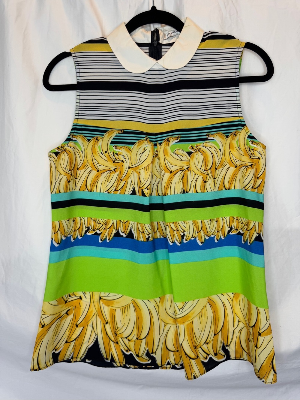 Balenciaga Sleeveless Peter Pan Collar Banana Print Top in Yellow, Blue & Green